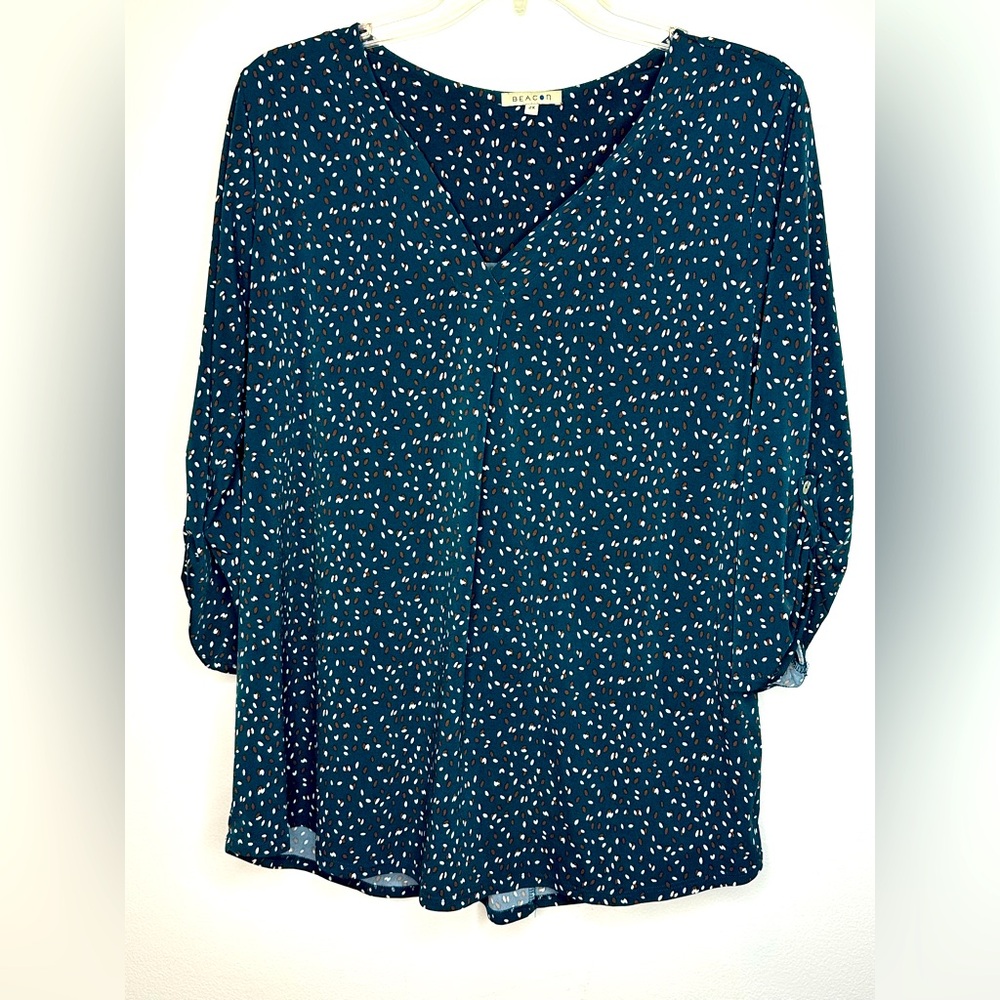 Beacon blouse 2XL, teal, brown and white w/ 3/4 sleeve